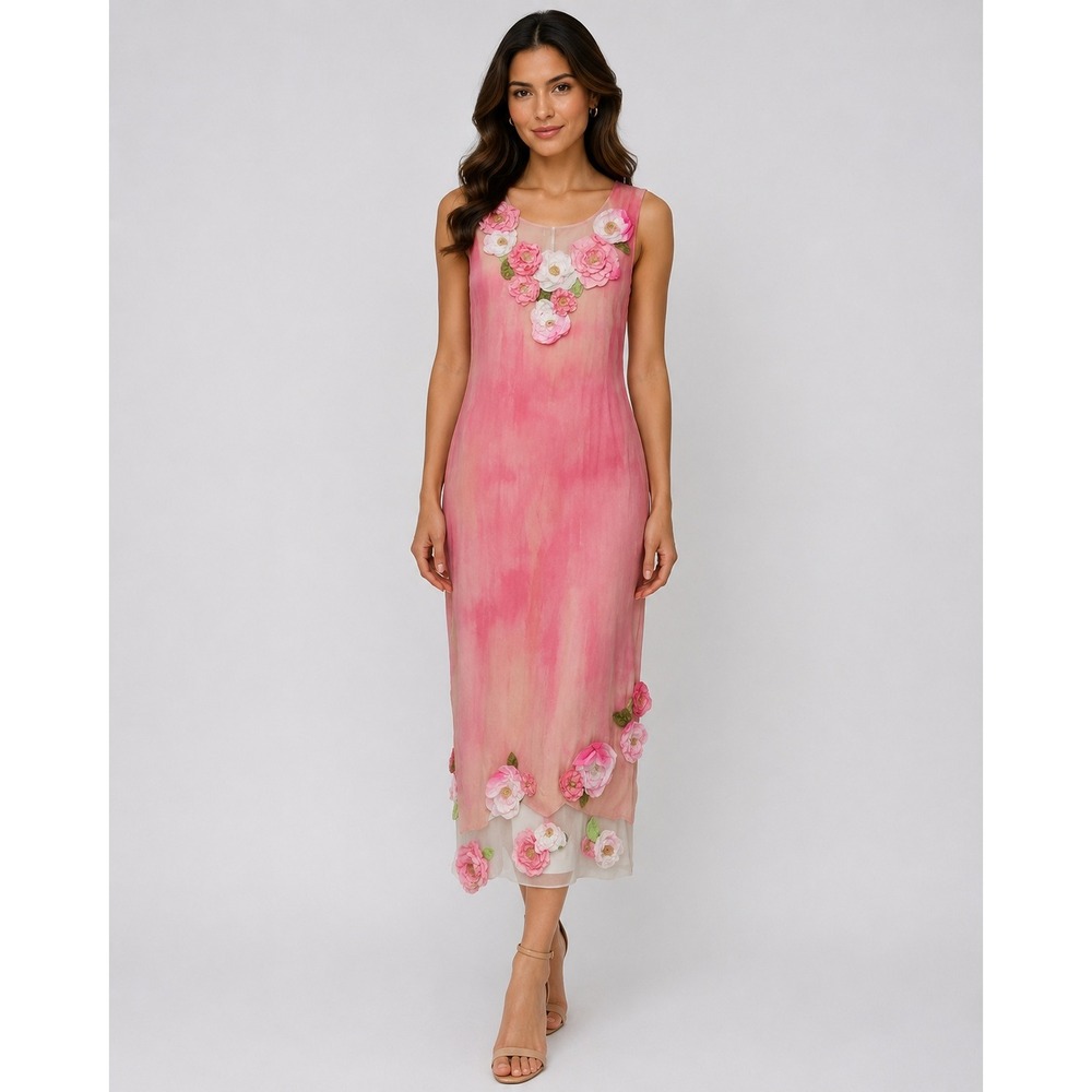 Meomua Linen Shift Dress XL Pink Ombre‎ 3D Floral Applique Midi Fairy Whimsical